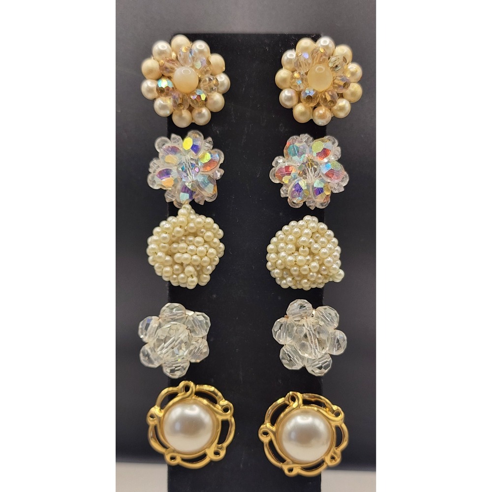 Vintage Clip On Earring Lot 5 Pairs Faux Pearl Crystal Cluster Gold Tone